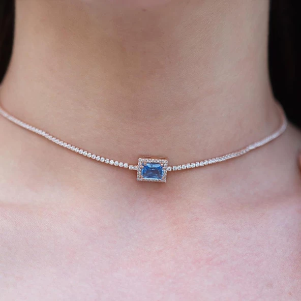 Aquamarin Taşlı Rose Gold Kaplama Choker Gümüş Kolye - 5