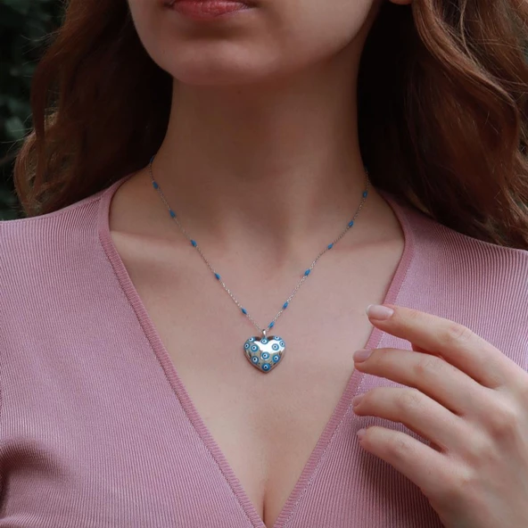 Nazar Boncuklu Mineli Kalpli Gümüş Kolye - Resim 2