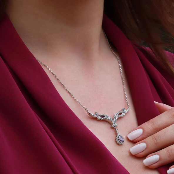 Prenses Model Zirkon Taşlı Gümüş Kolye - Resim 4