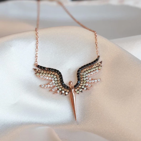 Mikail Meleği Renkli Zirkon Taşlı Rose Kaplama Gümüş Kolye ürün görseli 1