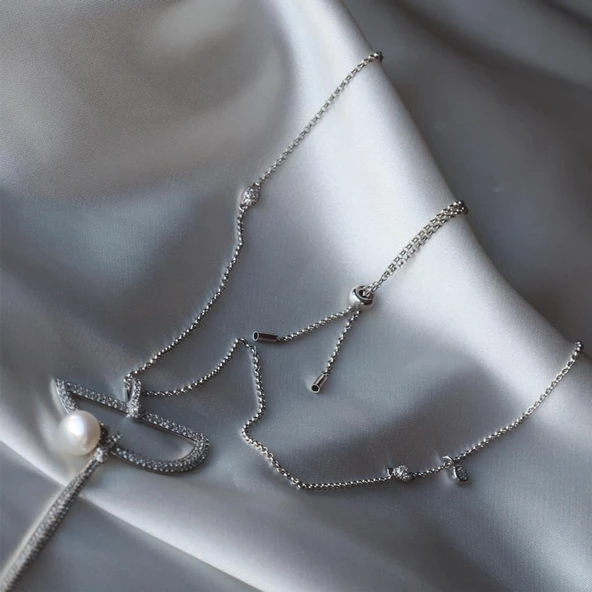 Tasarım Model İncili Asansör Zincirli Gümüş Kolye - Resim 4