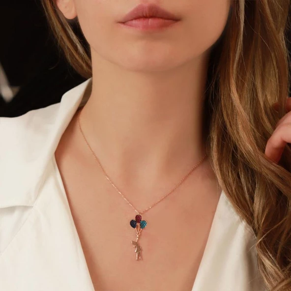 Uçan Balon Renkli Zirkon Taşlı Rose Gold Kaplama Gümüş Kolye ürün görseli 1