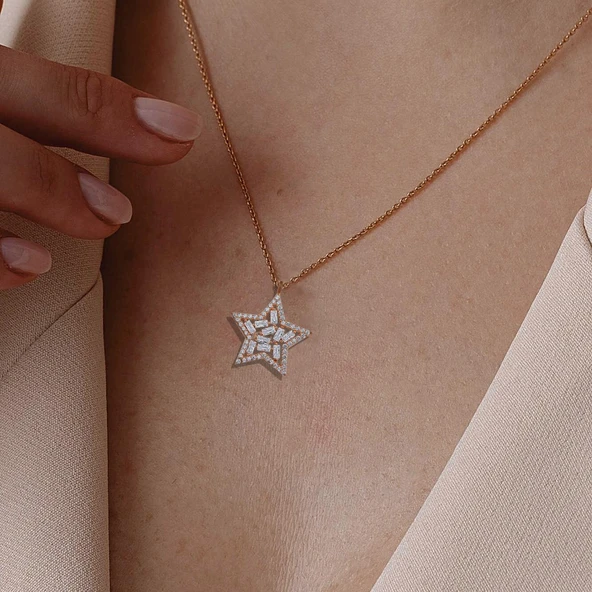 Yıldız Baget Taşlı Rose Gold 925 Ayar Gümüş Kolye ürün görseli 1