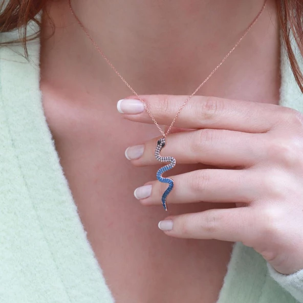 Siyah Gözlü Rose Gold Kaplama Yılan Gümüş Kolye ürün görseli 1