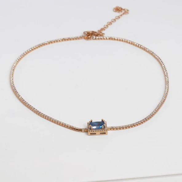 Aquamarin Taşlı Rose Gold Kaplama Choker Gümüş Kolye - 3