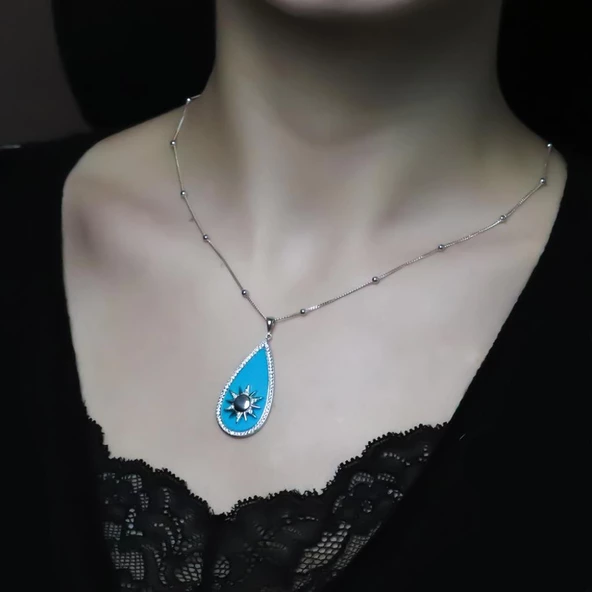 Turkuaz Mine Güneş İşlemeli Damla Gümüş Kolye - Resim 2