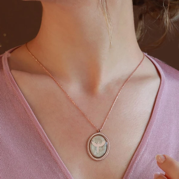 Mikail Meleği Beyaz Mine İşli Rose Gold Kaplama Gümüş Kolye - Resim 2