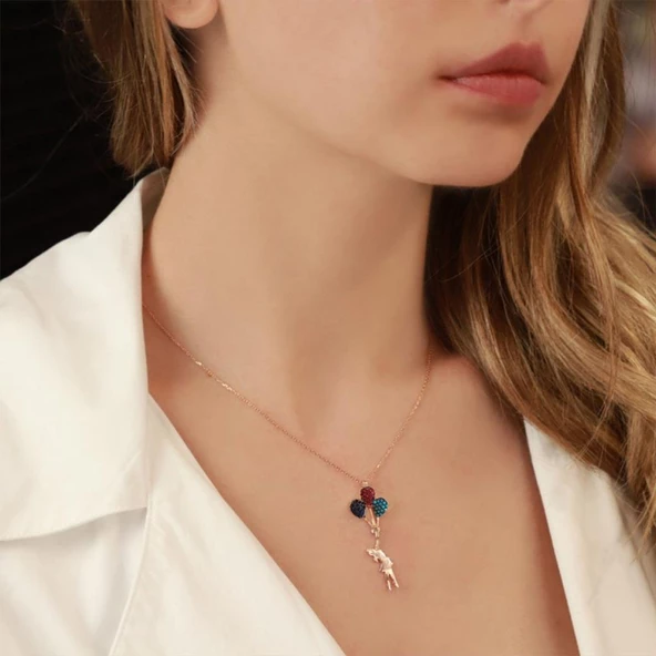 Uçan Balon Renkli Zirkon Taşlı Rose Gold Kaplama Gümüş Kolye - Resim 2