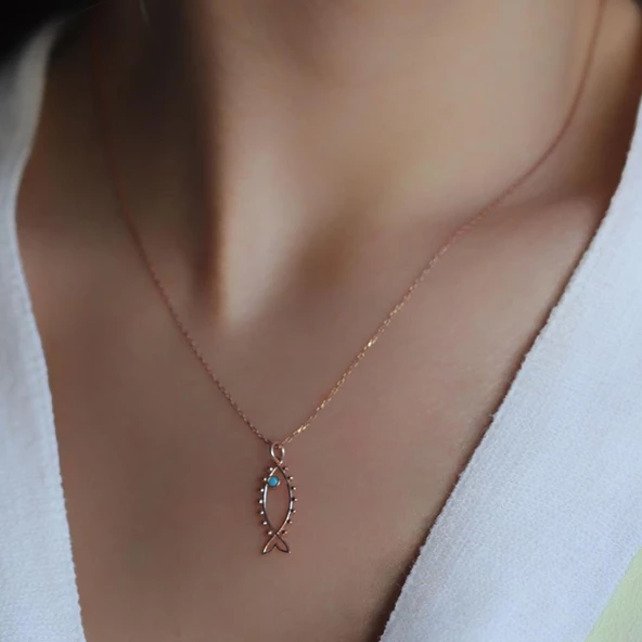 Rose Kaplama 925 Ayar Gümüş Balık Sembollü Firuze Taşlı Kolye - Resim 2