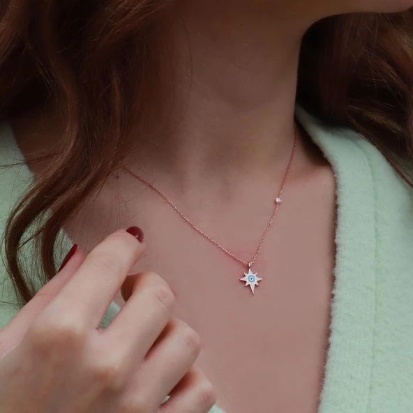 Kutup Yıldızı Figürlü Zirkon Taşlı Mine İşli Rose Gold Kaplama Gümüş Kolye ürün görseli 1