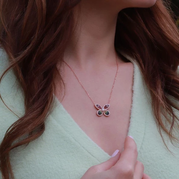 Beyaz Zirkon Taşlı Renkli Kelebek Model Rose Gold Kaplama Gümüş Kolye - Resim 2