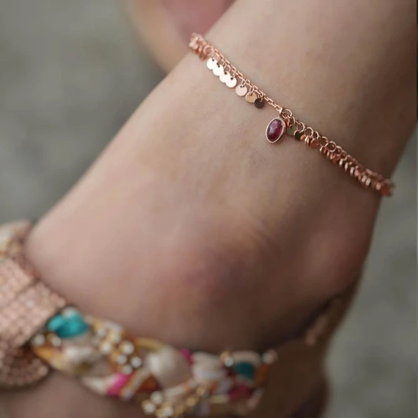 Kök Yakut Taşlı Paralı Rose Kaplama Gümüş Halhal - 2