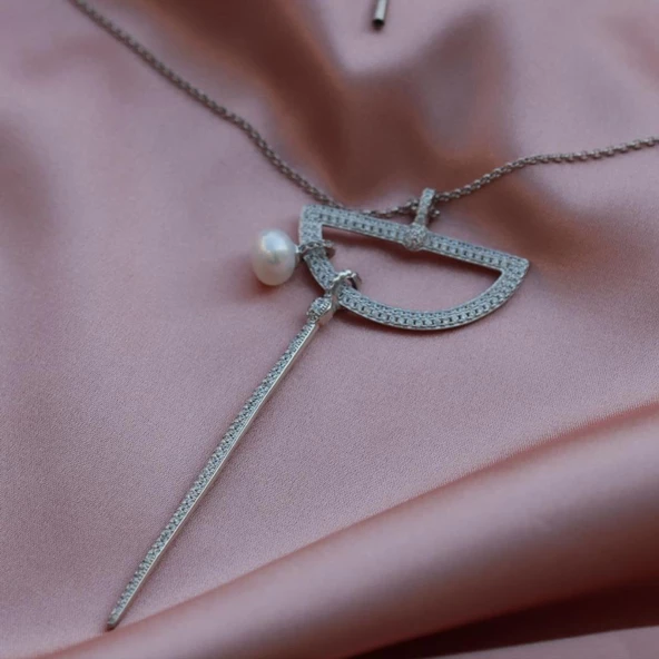 Tasarım Model İncili Asansör Zincirli Gümüş Kolye - Resim 3