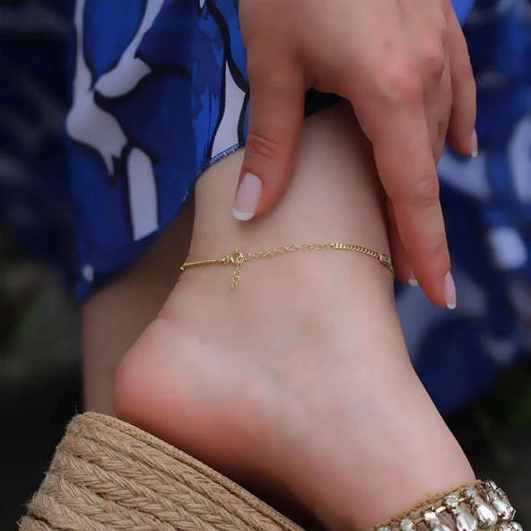 Dikdörtgen Zirkon Taşlı Gold Kaplama Gümüş Zincir Halhal - Resim 3