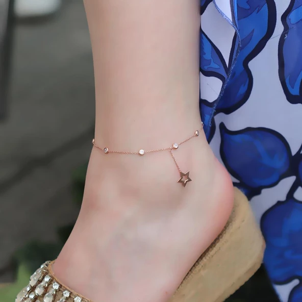 Yıldız Zirkon Taşlı Rose Gold Kaplama Gümüş Halhal - Resim 2