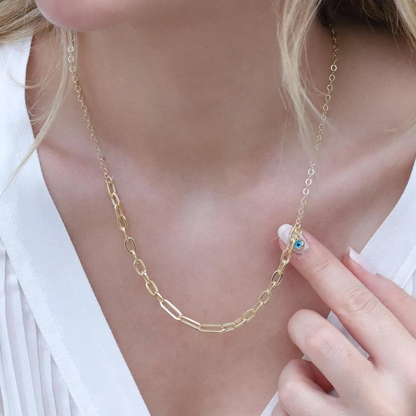 Tek Nazar Boncuklu Trend Zincirli Gold Kaplama Hallow Gümüş Kolye - Resim 3