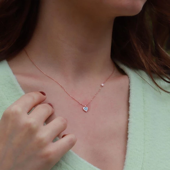 Kalp Figürlü Zirkon Taşlı Mine İşli Rose Gold Kaplama Gümüş Kolye - Resim 2