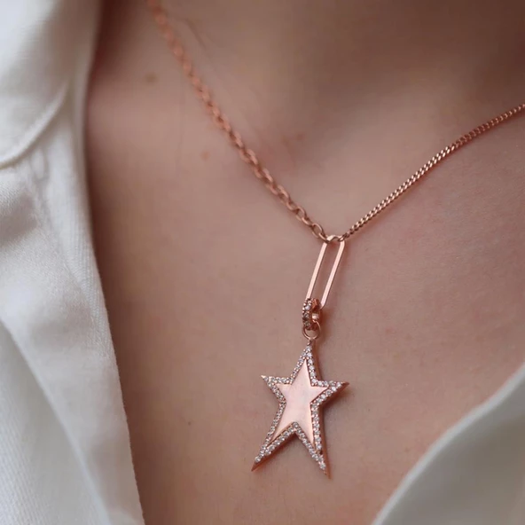 Yıldız Model Taşlı Rose Gold Kaplama Gümüş Kolye ürün görseli 1