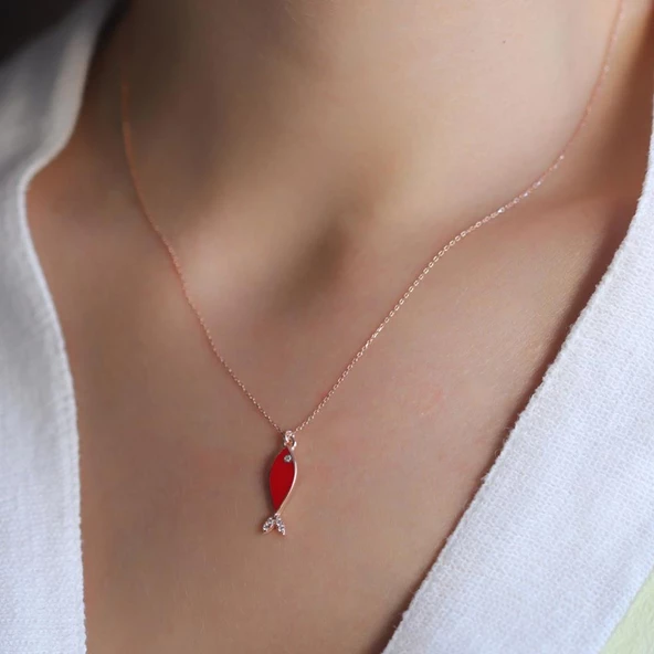 Mine İşli Zirkon Taşlı Rose Gold Kaplama 925 Ayar Gümüş Kırmızı Balık Kolye ürün görseli 1