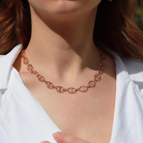 Trend Düğme Modeli Zirkon Taşlı Rose Gold Kaplama Gümüş Kolye - Resim 2
