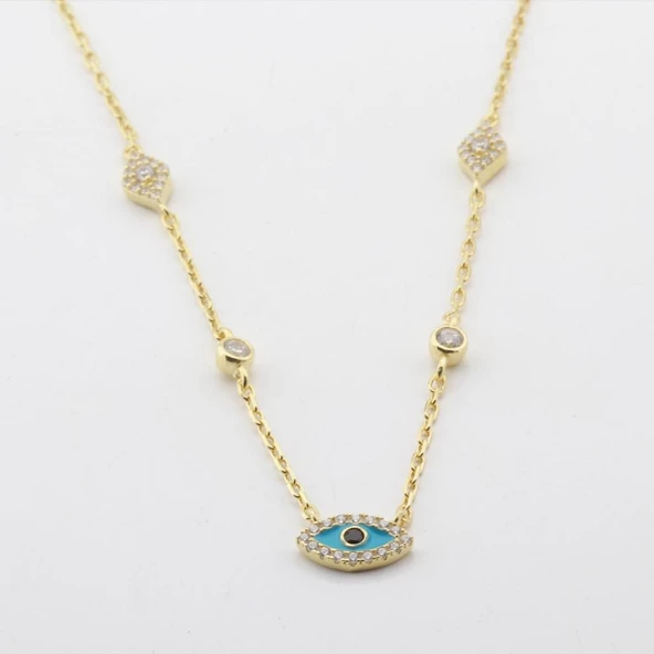 Mine İşli Göz Figürlü Gold Kaplama Trend Gümüş Kolye - Resim 4