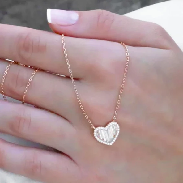 Baget Taşlı Kalp Gümüş Kolye - Resim 2