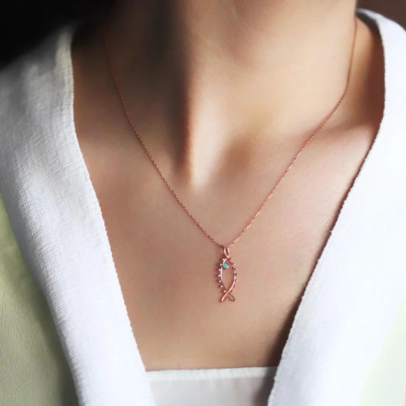 Rose Kaplama 925 Ayar Gümüş Balık Sembollü Firuze Taşlı Kolye ürün görseli 1