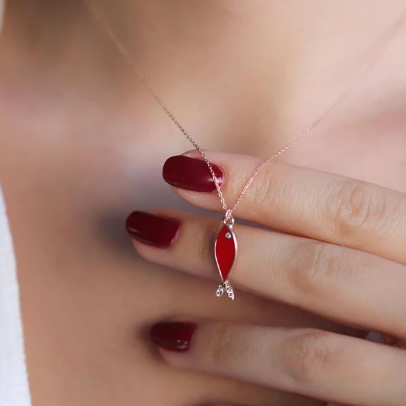 Mine İşli Zirkon Taşlı Rose Gold Kaplama 925 Ayar Gümüş Kırmızı Balık Kolye - Resim 2