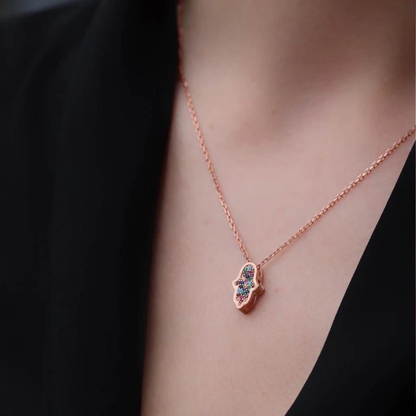 Rosegold Kaplama Çift Taraflı Fatma Ana Eli içi Zirkon Taşlı 925 Ayar Gümüş Kolye ürün görseli 1