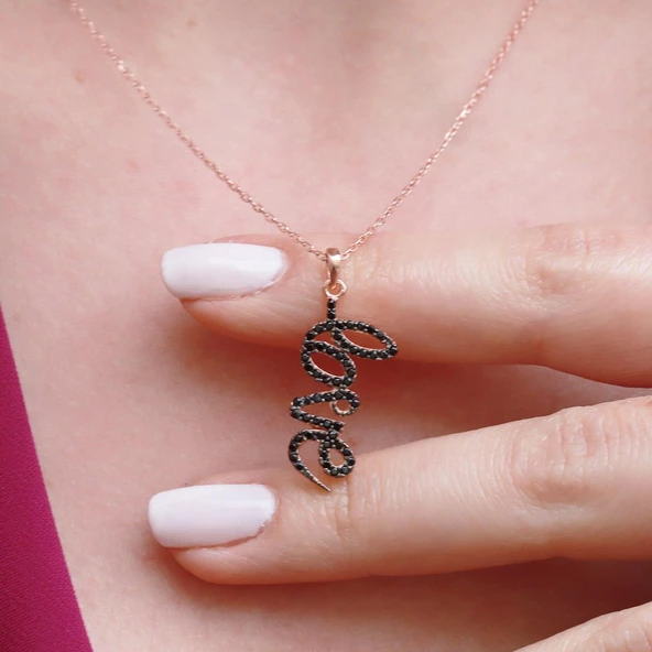 Siyah Zirkon Taşlı Love Yazılı Rose Gold Kaplama Gümüş Kolye - Resim 3