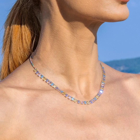 Baget Kesim Renkli Zirkon Taşlı Trend Gümüş Kolye - Resim 3