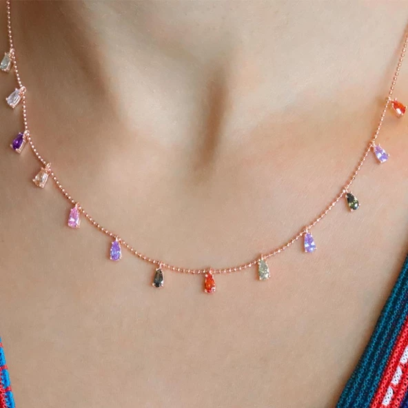 Rose Altın Kaplama Renkli Zirkon 925 Ayar Gümüş Trend Kolye - Resim 3