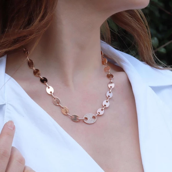 Düğme Modeli Zirkon Taşlı Rose Gold Kaplama Gümüş Kolye - Resim 2