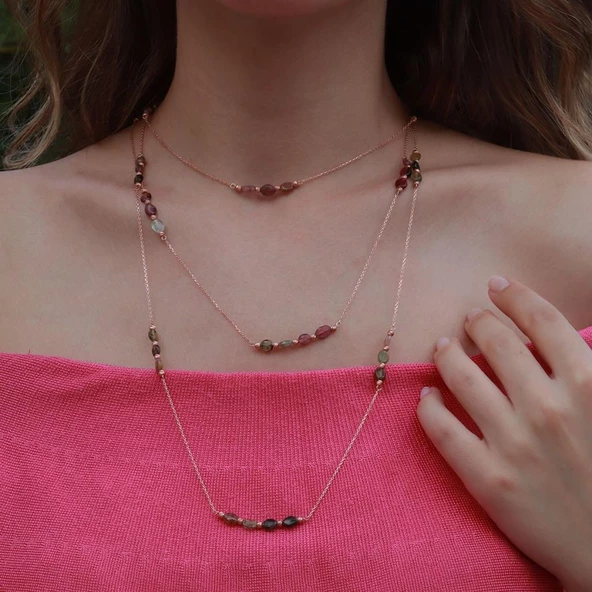 Turmalin Taşlı Dolamalı Rose Gold Gümüş Kolye - Resim 2