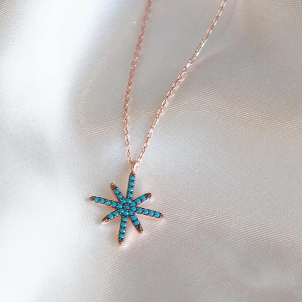 Turkuaz Taşlı Kutup Yıldızı Rose Gold Kaplama Gümüş Kolye - Resim 2