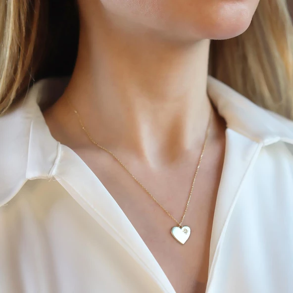 Pırlanta Taşlı 0.02 ct  Kalp Modeli Gold Micron Kaplama Gümüş Kolye ürün görseli 1