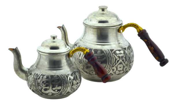 El Işlemeli Desenli Ahşap Saplı Bakır Çaydanlık Gümüş Renk Mod1 - 2