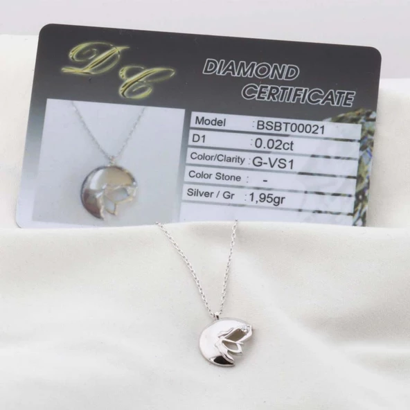 Pırlanta Taş Yarım Ay Su Perisi 0.02 CT Rodyum Micron Kaplama Gümüş Kolye - Resim 2