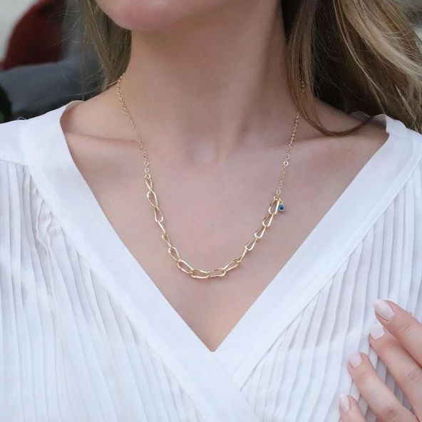 Burgu Model Tek Nazar Bocuklu Gold Kaplama Gümüş Hallow Kolye ürün görseli 1