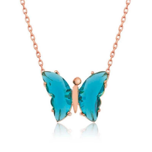 Mavi Kelebek Model Rose Gold Kaplama Zirkon Taşlı Gümüş Kolye ürün görseli 1