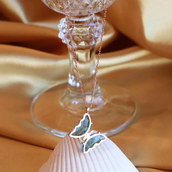 Mavi Kelebek Model Rose Gold Kaplama Zirkon Taşlı Gümüş Kolye - Resim 2