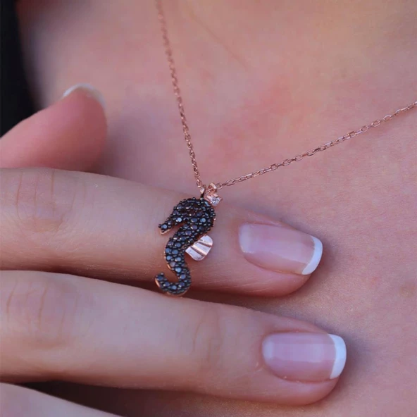 Siyah Zirkon Taşlı Deniz Atı 925 Ayar Gümüş Kolye ürün görseli 1