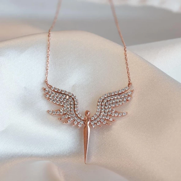 Beyaz Mikail Meleği Zirkon Taşlı Rose Kaplama Gümüş Kolye ürün görseli 1