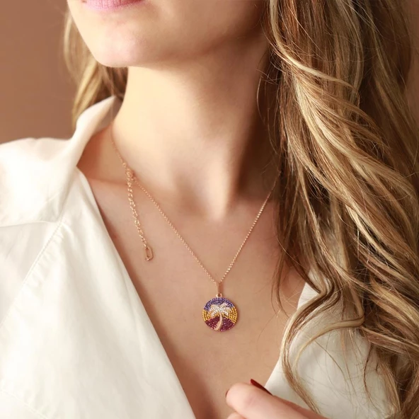 Renkli Zirkon Taşlı Palmiye Gold Kaplama Gümüş Kolye ürün görseli 1