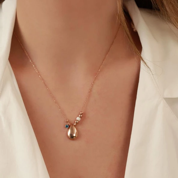 Damla Modeli Nazar Boncuklu Rose Gold Kaplama Gümüş Kolye - Resim 2