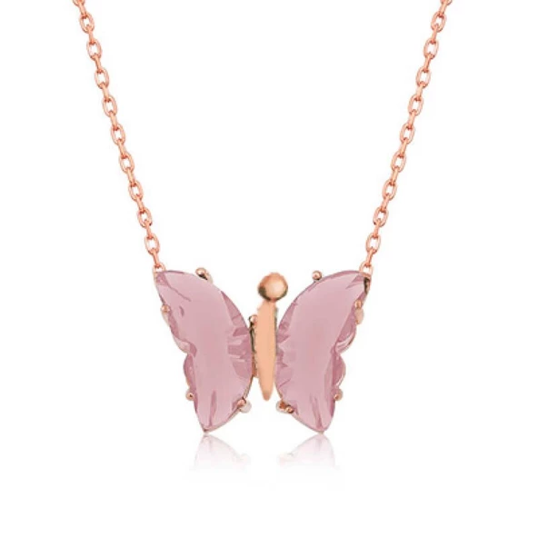 Pembe Kelebek Model Rose Gold Kaplama Zirkon Taşlı Gümüş Kolye ürün görseli 1