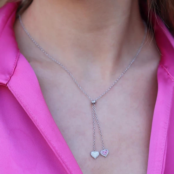 Dudak Figürlü Zirkon Taşlı Asansörlü Gümüş Kolye - Resim 4