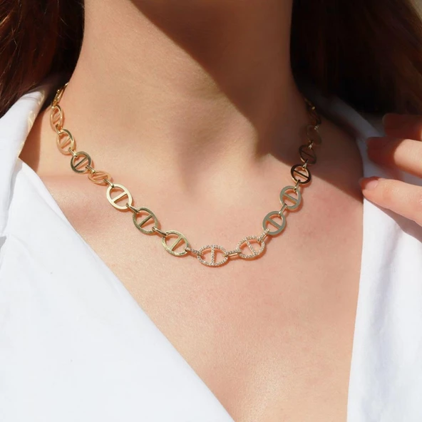 Trend Düğme Modeli Zirkon Taşlı Gold Kaplama Gümüş Kolye ürün görseli 1