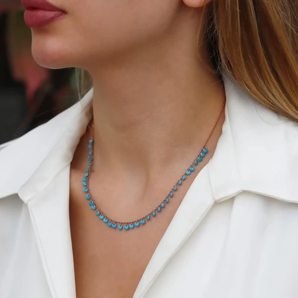 Sıra Turkuaz Taşlı Rose Gold Gümüş Kolye - Resim 2
