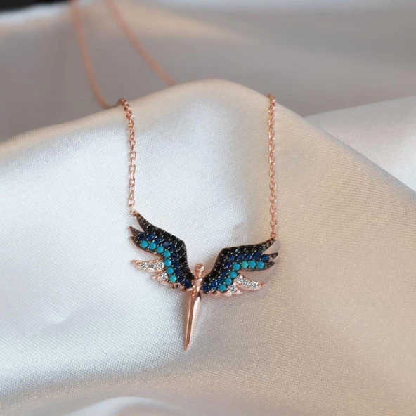 Mikail Meleği Zirkon Taşlı Rose Kaplama Gümüş Kolye ürün görseli 1